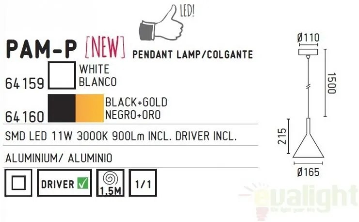 Pendul modern inaltime 171cm, diam.16,5cm LED Pam-G 64159