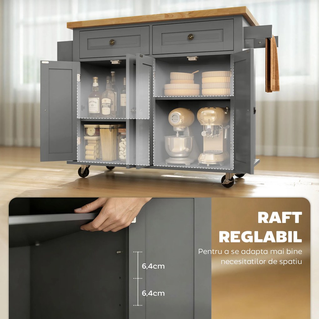 HOMCOM Căruț de Bucătărie cu 2 Sertare și 2 Dulapuri, Insulă de Bucătărie cu Blat din Lemn, 111x44,5x82,5 cm, Gri | Aosom Romania