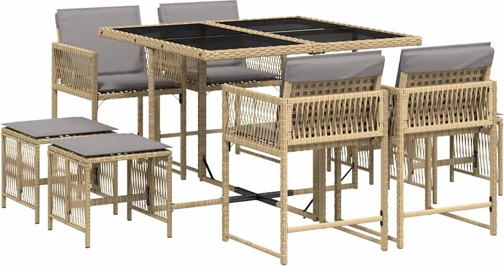 vidaXL Set de masă pentru grădină, 9 piese, cu perne, bej, poliratan