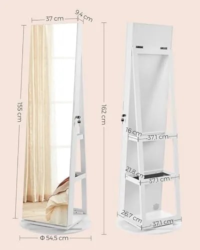 Dulap pentru bijuterii, Songmics, Alb, 55x55x162 cm