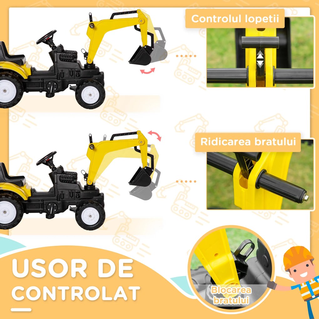 Excavator de jucarie HOMCOM Cu pedala Vehicul de constructie, cu claxon | Aosom Romania