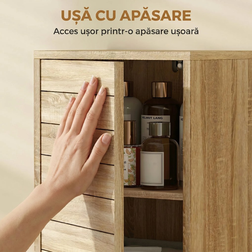 HOMCOM Dulap Slim pentru Baie cu Ușă cu Șipci, 3 Rafturi, Finisaj Natural | Aosom Romania