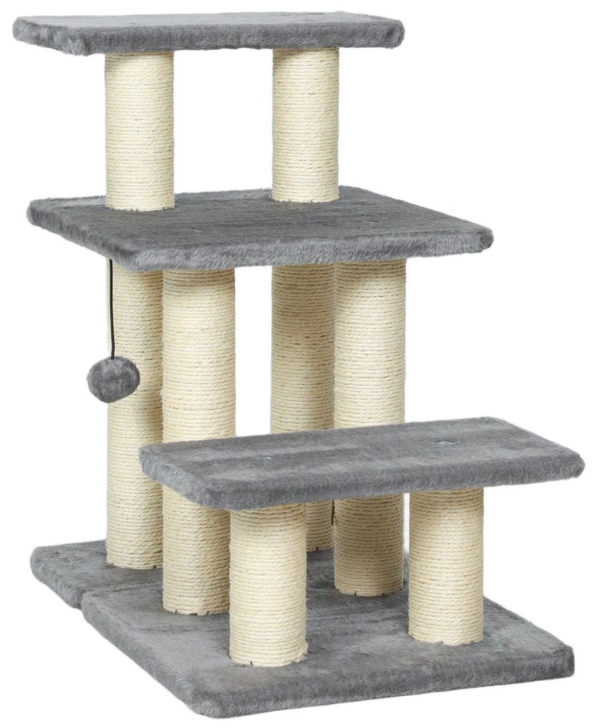 PawHut Scară pentru Câini și Pisici cu 3 Trepte din Pluș și Stâlpi Zgâriători din Sisal, Capacitate 10 kg, Gri | Aosom Romania
