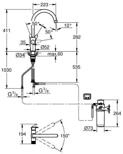 GROHE 30593000 - Baterie pentru chiuvetă BLUE PURE cu pipa în formă de C, crom lucios