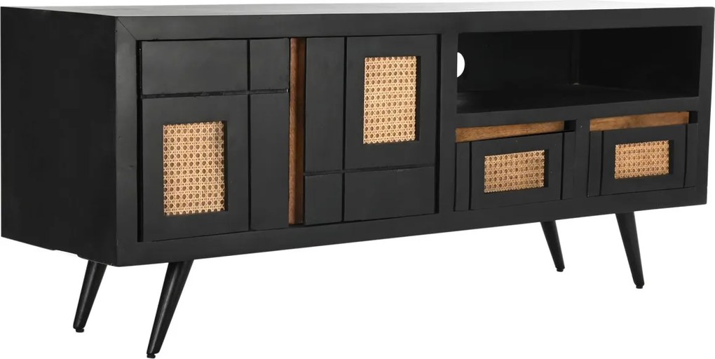 Comodă TV living din lemn de mango, negru, cu 2 uși, 2 sertare, nișă deschisă și inserții din ratan împletit, 60 x 145,5 x 40,5 cm, „Cheverny”