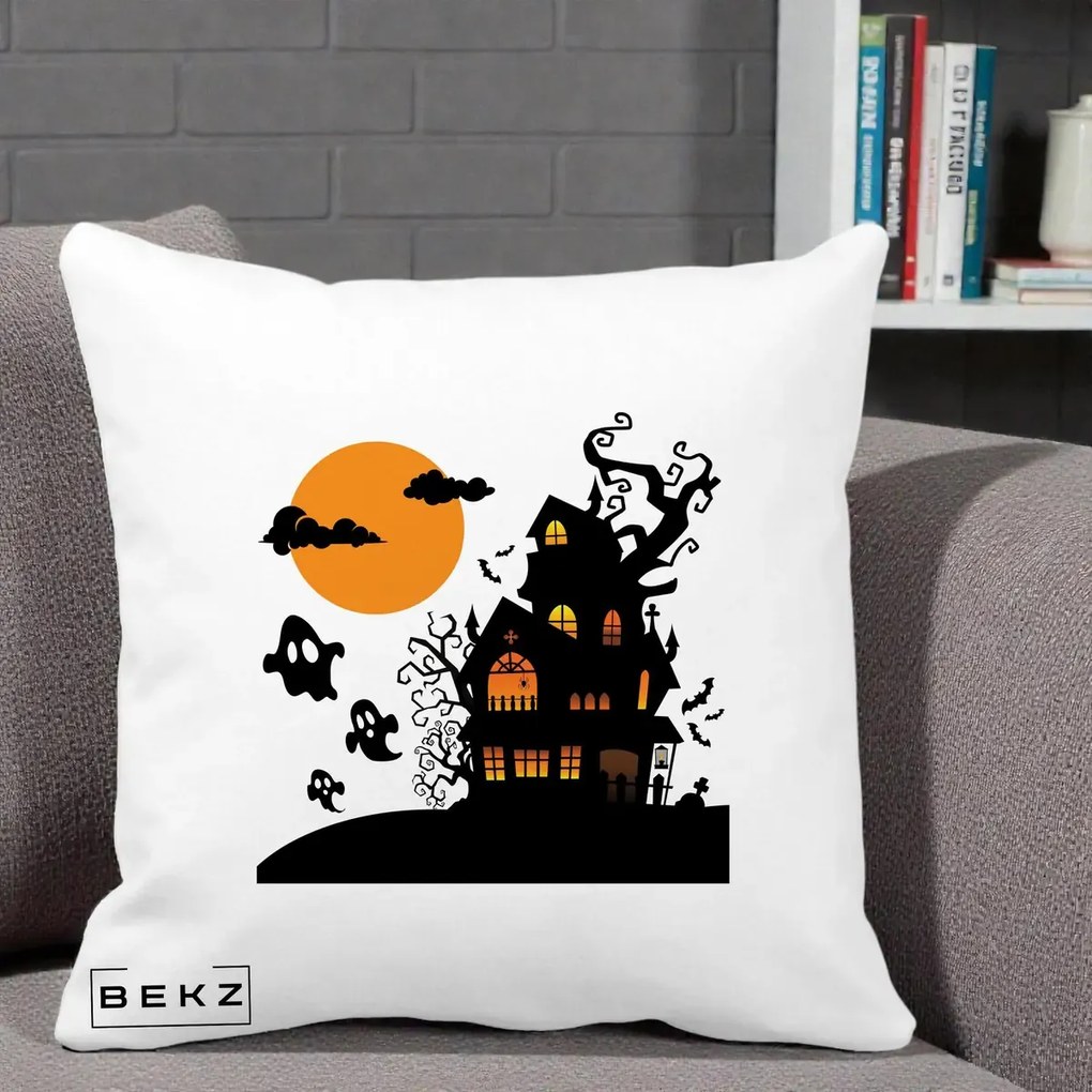 Perna Decorativa Halloween Casa Bantuita cu Fantome, 40x40 cm, Alba Mata, Husa Detasabila, Perna Inclusa, BEKZ®