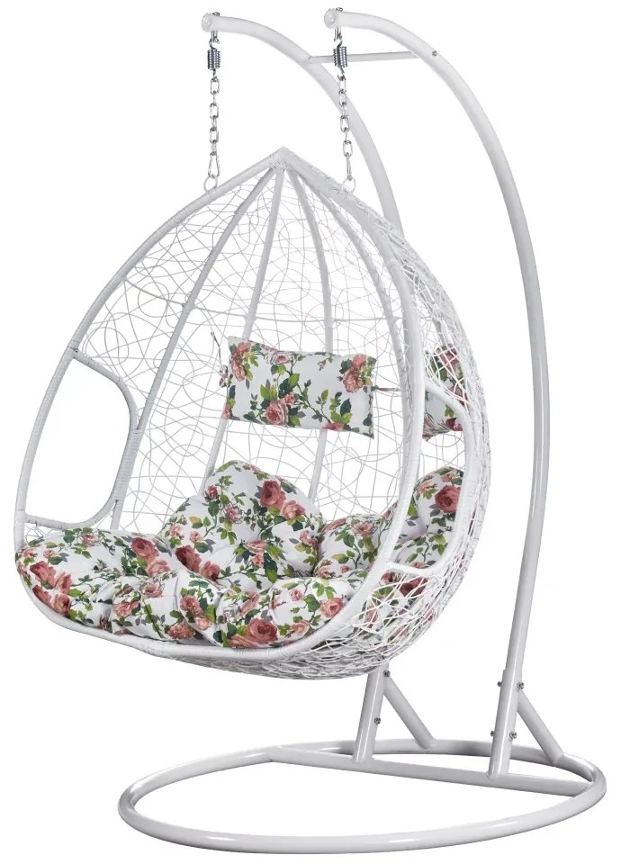 Fotoliu leagan dublu, suspendat, cu perne moi, rezistente la UV, împletitură tip răchită, structură metalică, pentru interior și exterior, Alb/Floral
