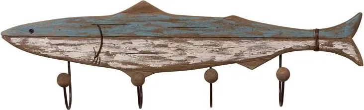 Cuier de perete din lemn de paulownia, albastru și alb, cu 4 agățători, în formă de rechin, aspect de lemn albit, 22,5 x 75 x 10 cm, „Shark”