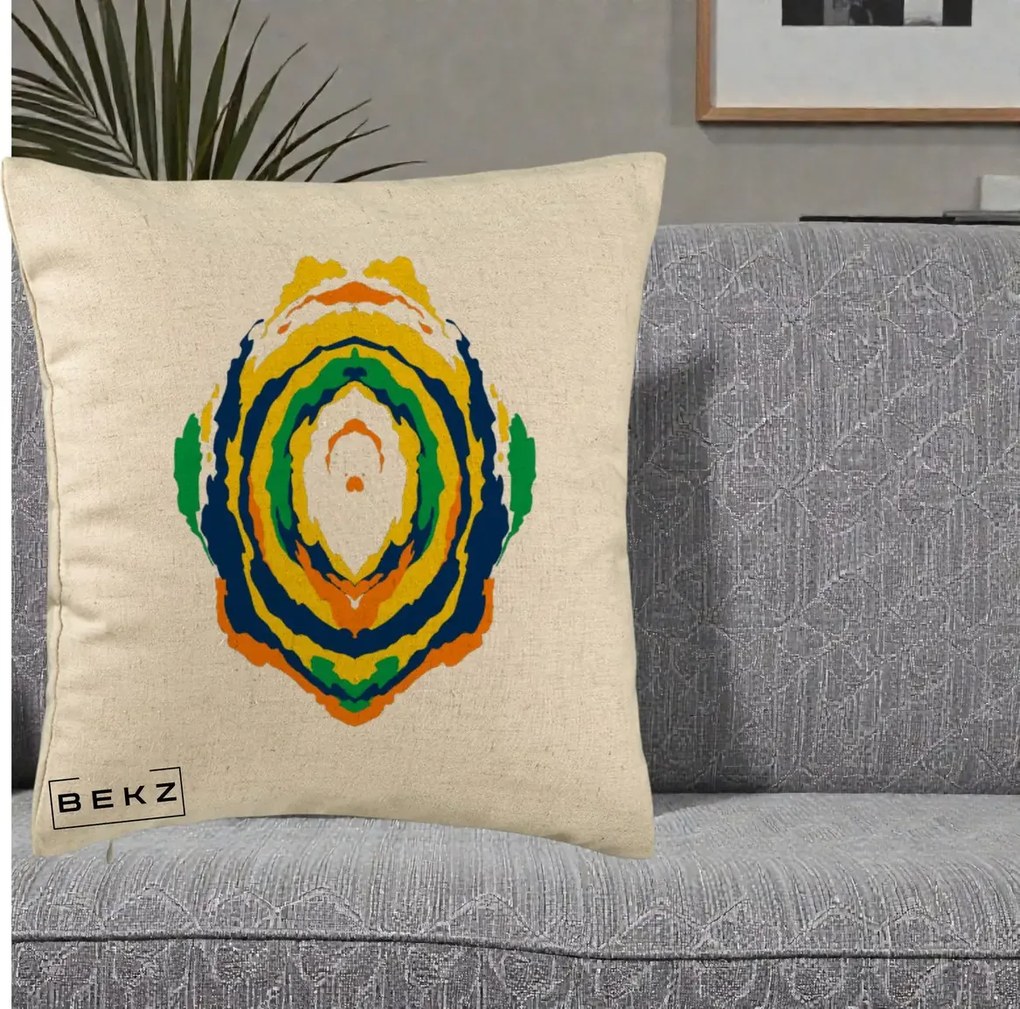 Perna decorativa Oval Abstract Multicolor, 40x40 cm cu Umplutura, Bej, BEKZ