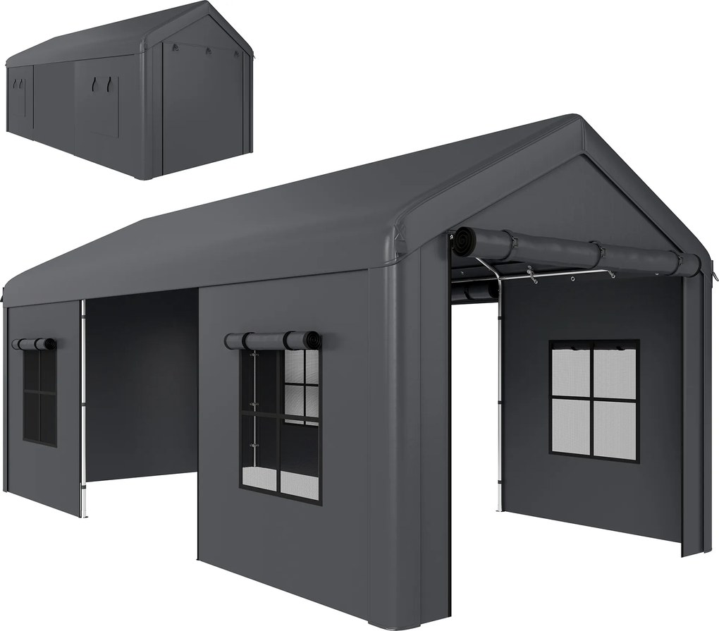 Outsunny Cort pentru Grădină cu Acoperiș Dublu Foișor cu 4 Pereți și Plasă Anti-Țânțari pentru Exterior Terasă 360x300x279 cm Gri Deschis | Aosom Romania