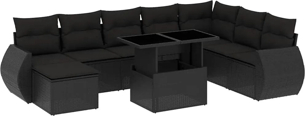 vidaXL Set mobilier de grădină cu perne, 9 piese, negru, poliratan