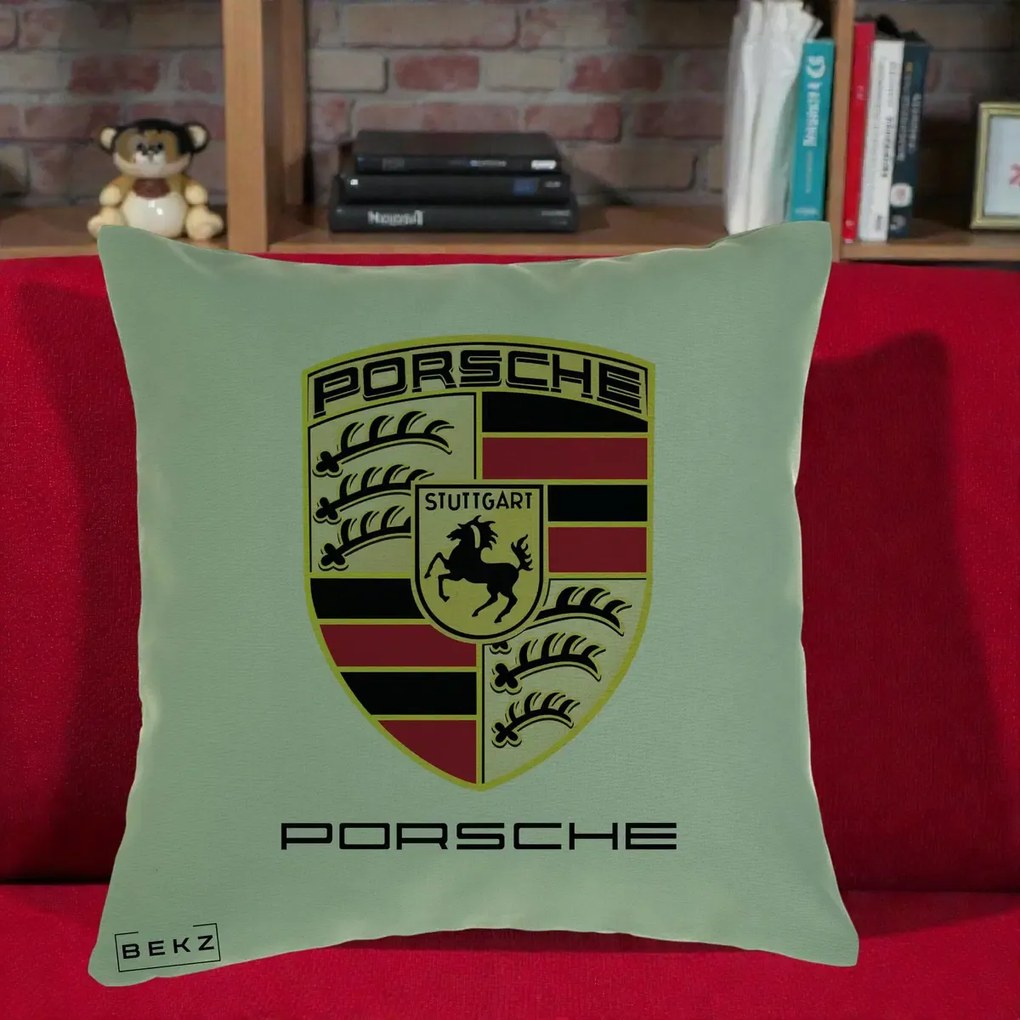 Perna Personalizata Porsche Stuttgart, 40x40 cm, Verde, Husa Detasabila, Perna Inclusa, BEKZ®