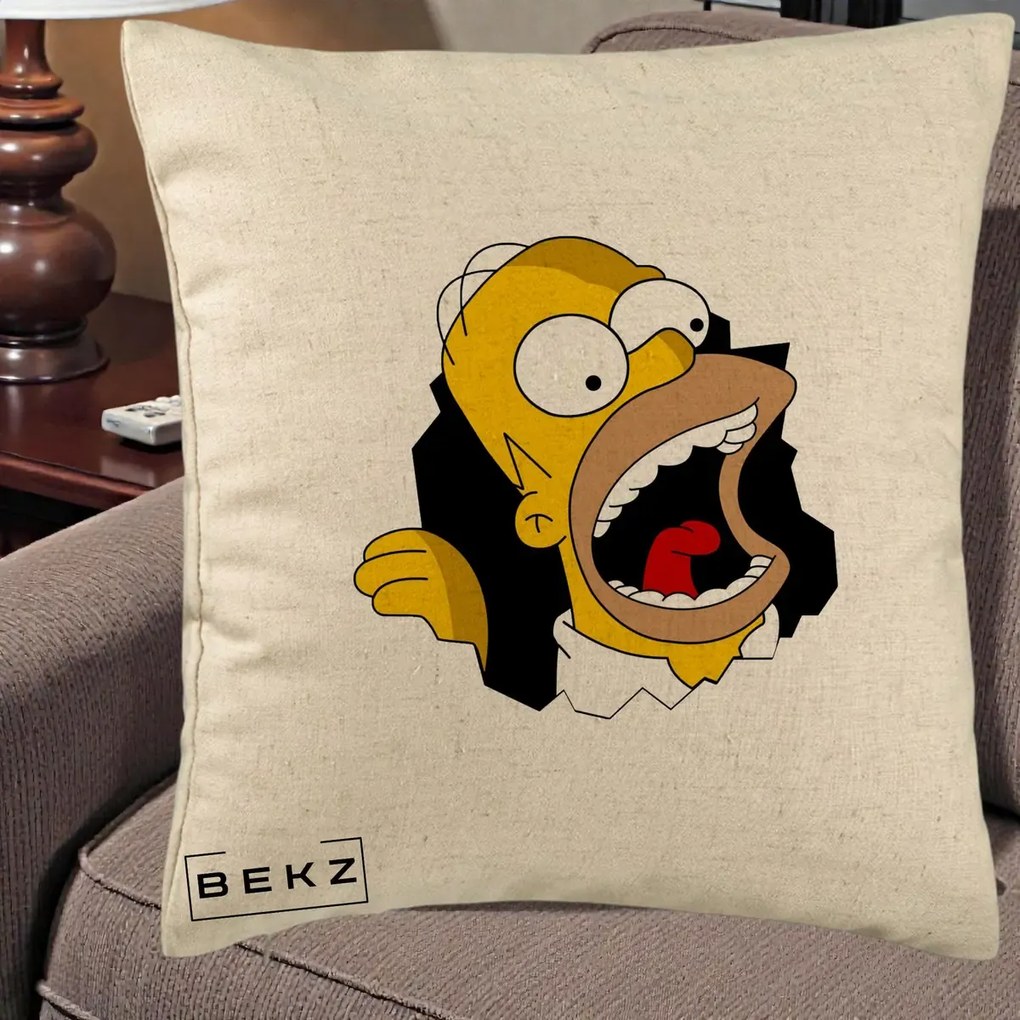 Perna Personalizata Homer Simpson Surpriza, 40x40 cm, Bej, Husa Detasabila, Perna Inclusa, BEKZ®