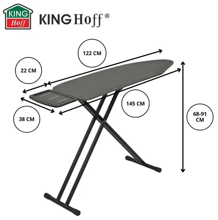 Masă de călcat Kinghoff KH 1940, 122x38 cm, 7 poziții de reglare, Suport generator de abur, Gri închis