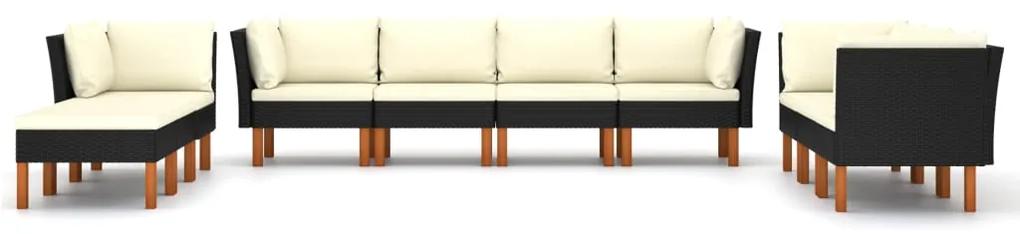Set mobilier de gradina cu perne, 10 piese, negru, poliratan Negru, 5x colt + 3x mijloc + 2x suport pentru picioare, 10