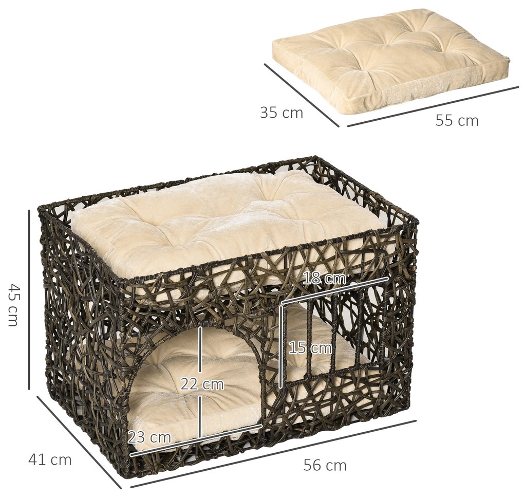 PawHut Cușcă pentru Pisici pe 2 Nivele, Pătuț pentru Pisici Adulte de până la 5 kg, din Rachiță Sintetică, 56x41x45cm, Maro Inchis | Aosom Romania