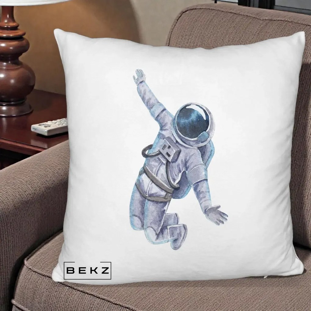 Perna Decorativa Astronaut Acuarela Zbor, 40x40 cm, Alb Pufos, Husa Detasabila, Perna Inclusa, BEKZ®