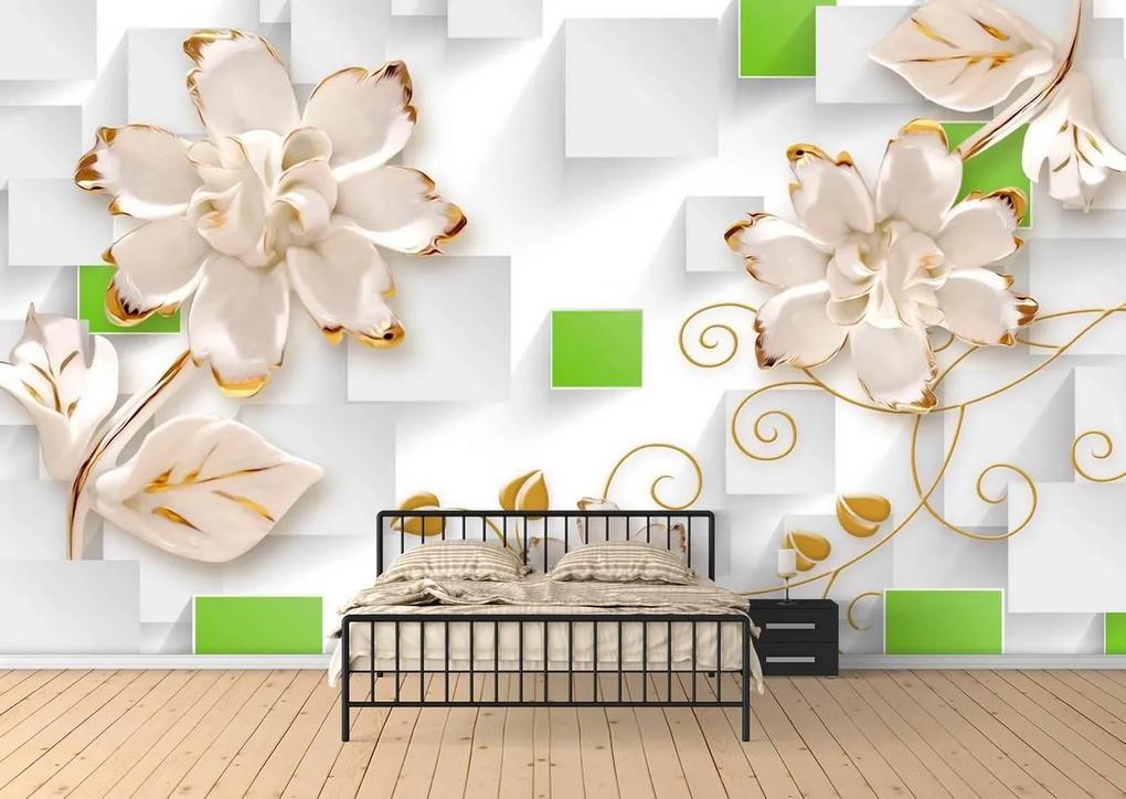 Fototapet 3D, Flori albe cu ornamente aurii pe un fundal abstract Art.05056