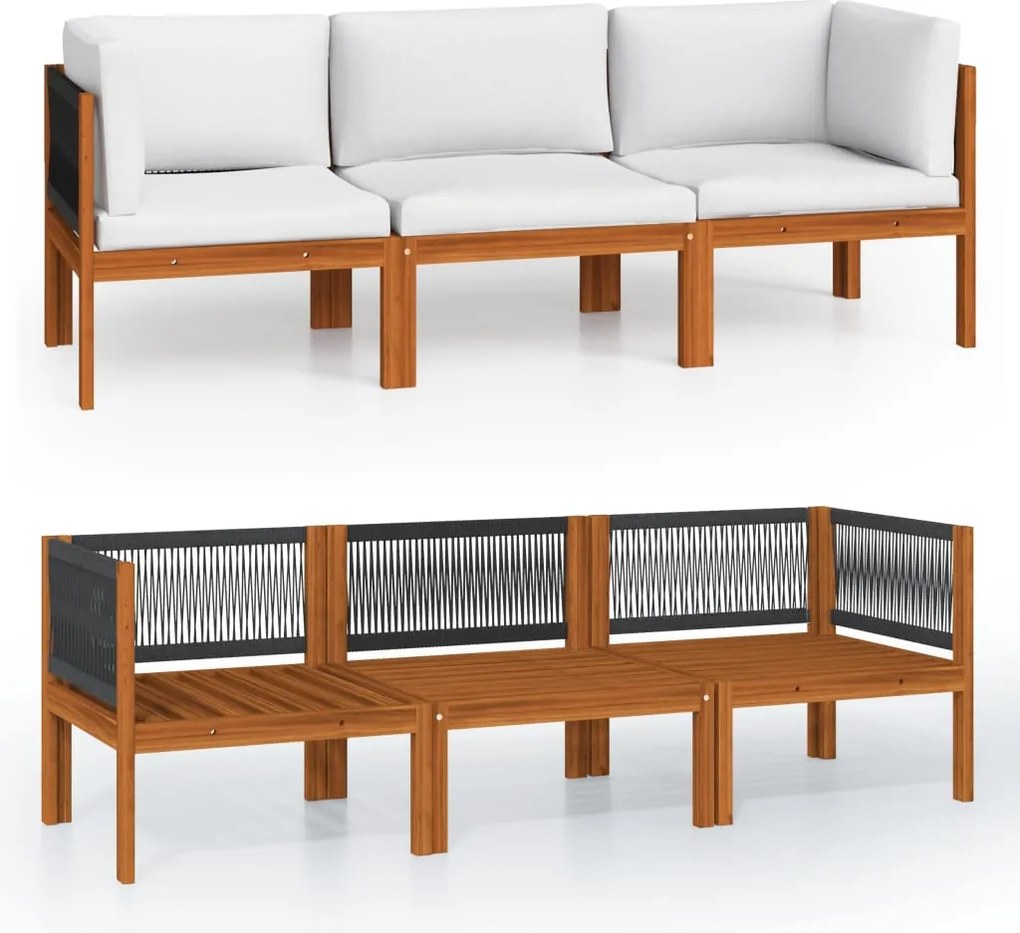 vidaXL Canapea de grădină cu 3 locuri și pernă din lemn de salcâm și frânghie