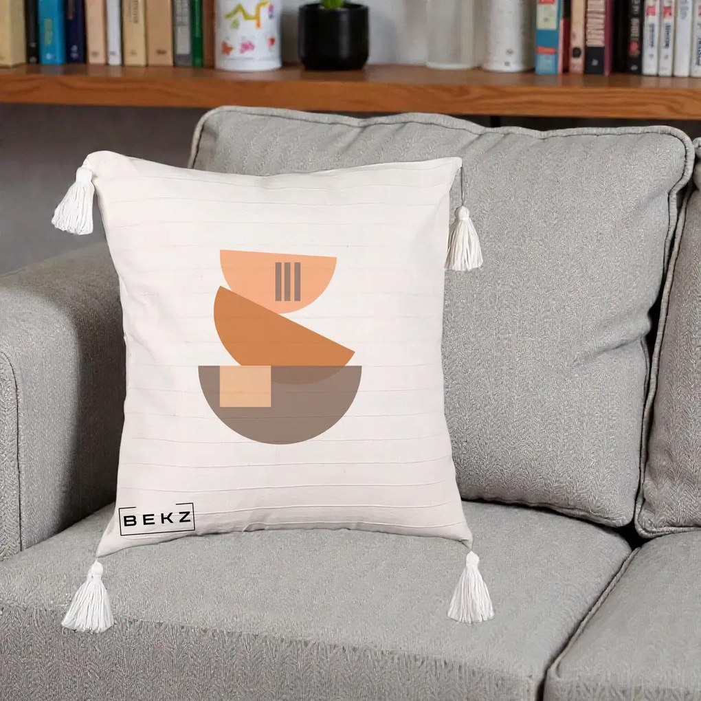 Perna Decorativa Geometric Bauhaus Boluri Portocaliu, 40x40 cm, Bej cu Franjuri, Husa Detasabila, Perna Inclusa, BEKZ®