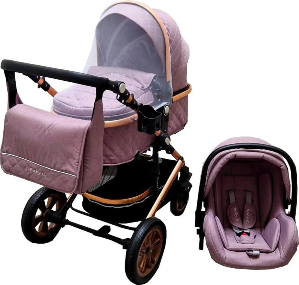 Carucior nou nascuti 3 in 1 Baby Care™ PRO 530, Cu geanta bebe, Cadru Aluminiu , Amortizoare, Roti din cauciuc plin AVE, Landou, Scoica auto, Spatar