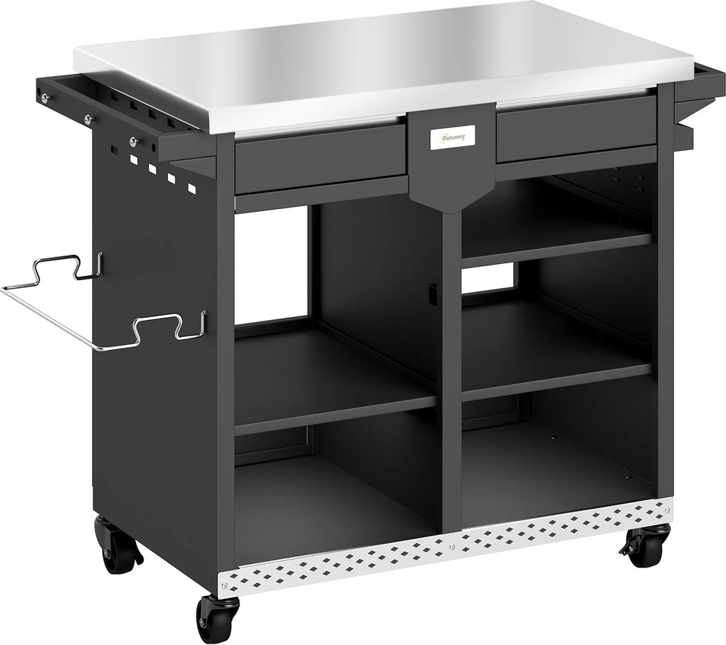 Outsunny Cărucior grătar 5-nivele Masă laterală cu suprafață de lucru din oțel inoxidabil rafturi reglabile sertar roți suport condimente suport prosoape | Aosom Romania