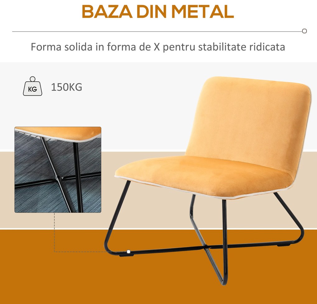 Fotoliu din Catifea HOMCOM Stil Nordic fara Cotiere, Scaun fotoliu de Camera cu Baza metalica Incrucisata, 55x69x68cm, Galben | Aosom RO