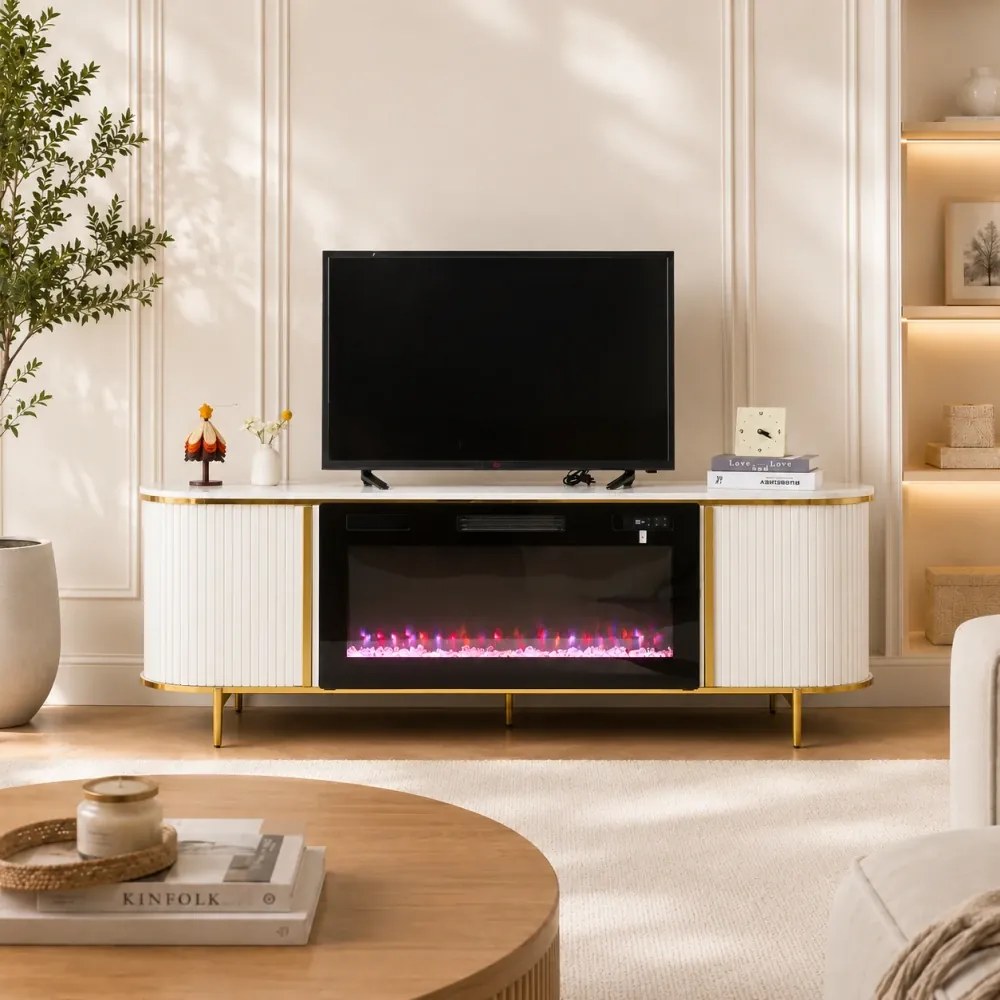Comodă TV cu șemineu electric cu Încălzire, iluminare LED , 12 culori, Telecomandă, 180 cm, MOB190 Alb