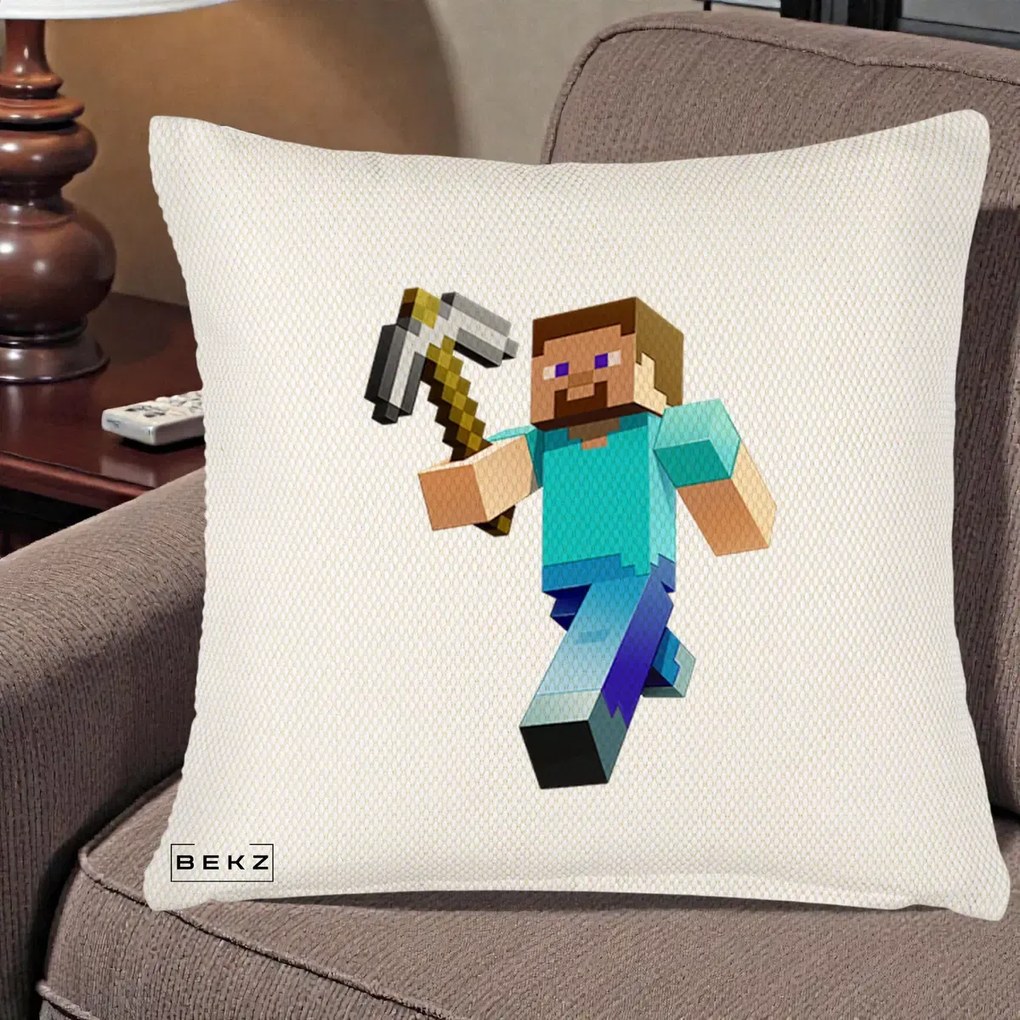 Perna Personalizata Minecraft Steve cu Tarnacop, 40x40 cm, Crem Reliefat, Husa Detasabila, Perna Inclusa, BEKZ®