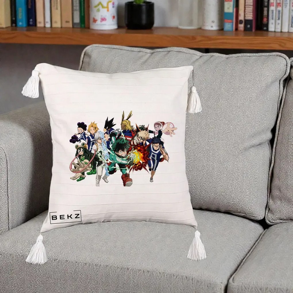 Perna Personalizata My Hero Academia Clasa 1-A Complet, 40x40 cm, Bej cu Franjuri, Husa Detasabila, Perna Inclusa, BEKZ®