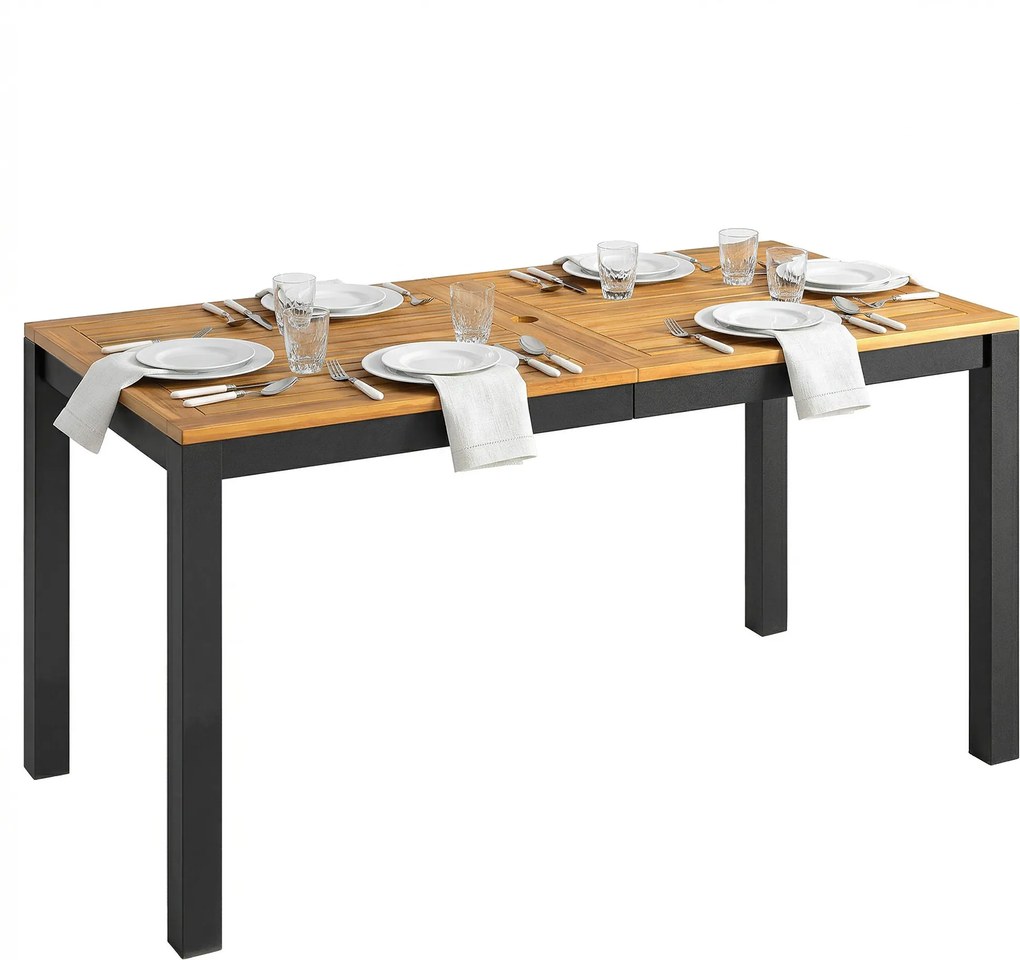 Outsunny Masă de grădină din lemn pentru 6 persoane cu suprafață din șipci, orificiu 150x75x75 cm, natural | Aosom Romania