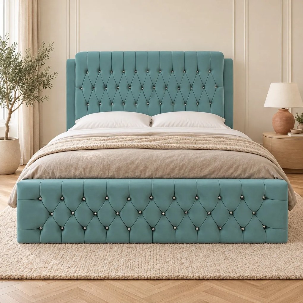 Pat tapițat Chesterfield din catifea Aveline Deluxe 180×200 cm, verde marin, cu ladă de depozitare