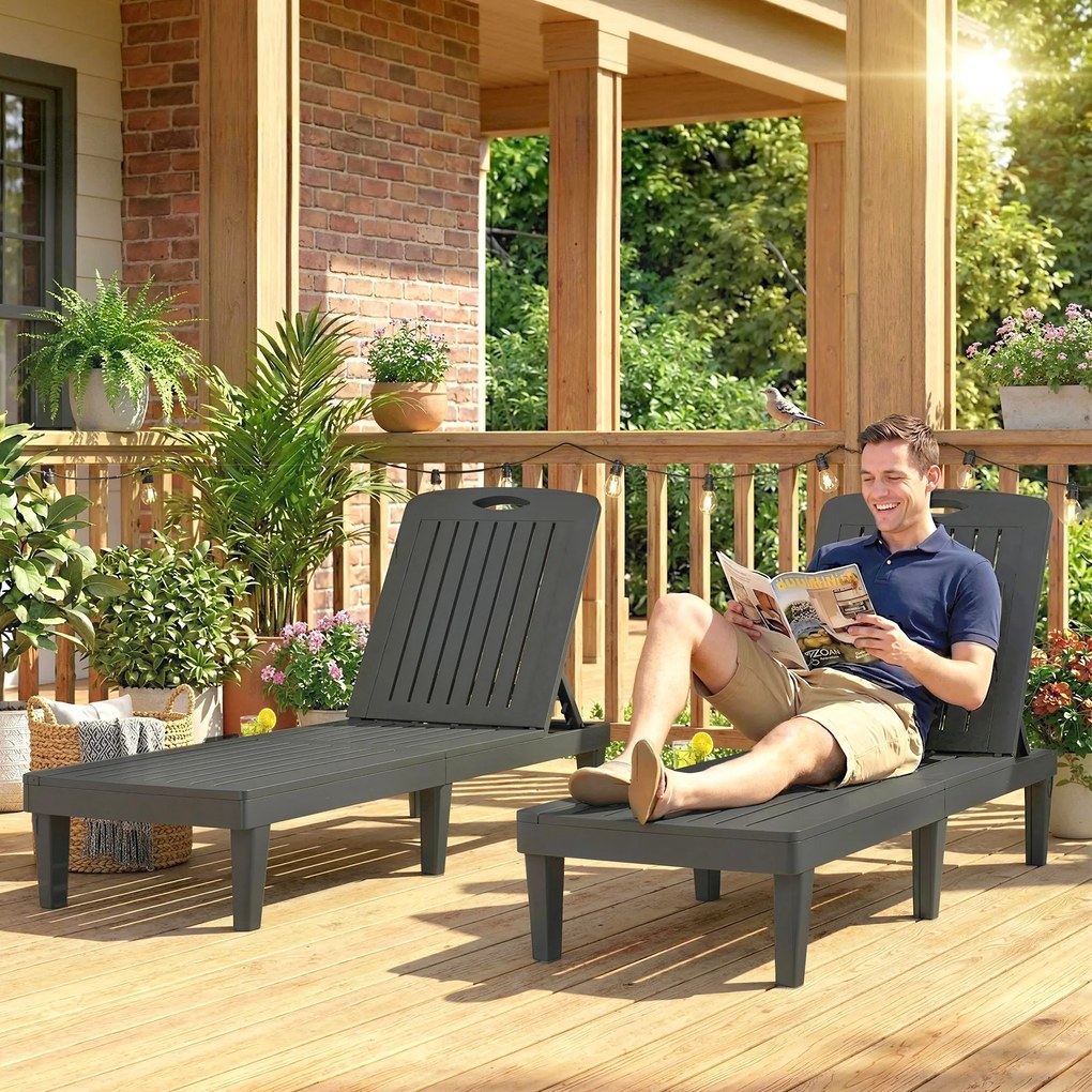 Outsunny Set de 2 șezlonguri de grădină din plastic PP cu tavă laterală, reglabile în 5 poziții, gri | Aosom Romania