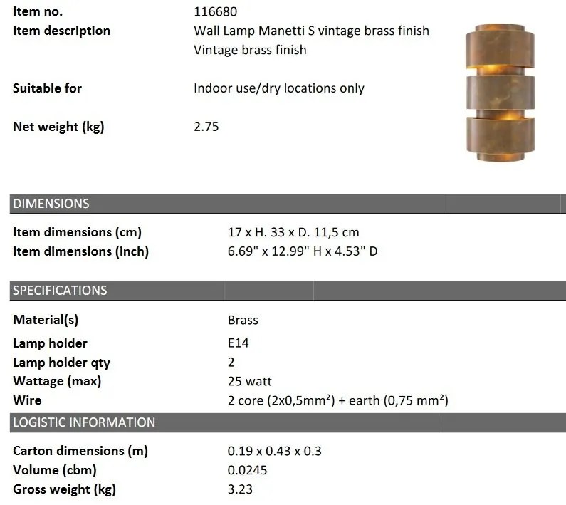 Aplica de perete din alama design LUX Manetti S