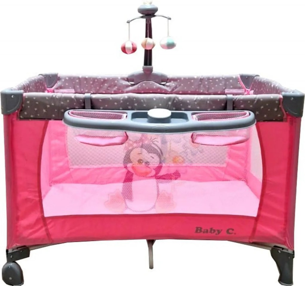 Patut Pliabil si Tarc copii Baby Care™ PRO FMAT, 2 Niveluri de inaltime, Cu melodii si Masa infasat, Carusel cu jucarii din plus, Plasa insecte, Roz