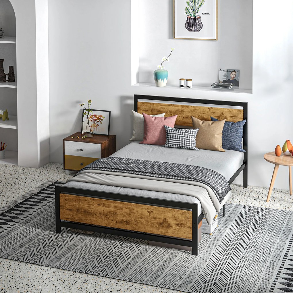 HOMCOM Cadru de Pat Single din Lemn și Oțel 140x200cm, Sipci, Tetieră Stil Industrial, Negru/Maro Rustic | Aosom Romania