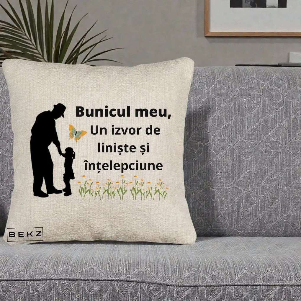 Cadou pentru Bunic - Perna Personalizata Bunicul Meu Izvor de Liniste cu Fluture si Fetita, 40x40 cm, Bej Canapea, Husa Detasabila, Perna Inclusa, BEKZ®