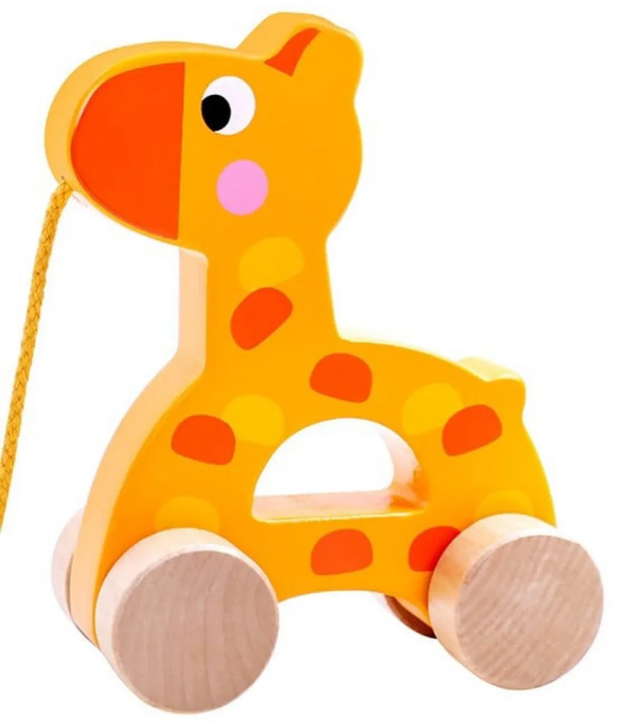 Jucarie educativa de tras din lemn masiv NOVOKIDS™ My first Tiny Giraffe, Cu roti, Motricitate , Cu sfoara de tractare, Materiale Eco, Galben