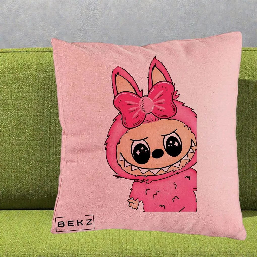 Perna Personalizata Labubu Roz cu Funda, 40x40 cm, Roz, Husa Detasabila, Perna Inclusa, BEKZ®