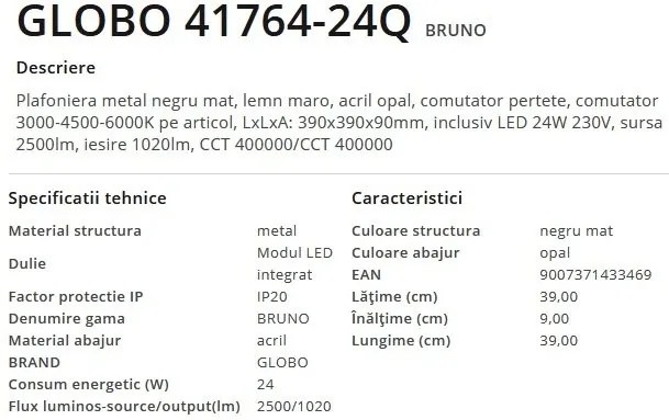 Plafoniera LED cu aspect lemn design modern Bruno maro 39x39cm 24W