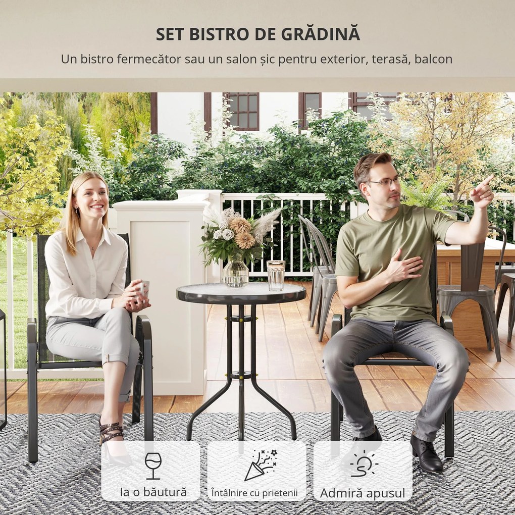 Outsunny Set Mobilier de Grădină din 3 Piese cu Scaune Suprapozabile și Masă din Sticlă, 54x71x93 cm, Gri Închis | Aosom Romania