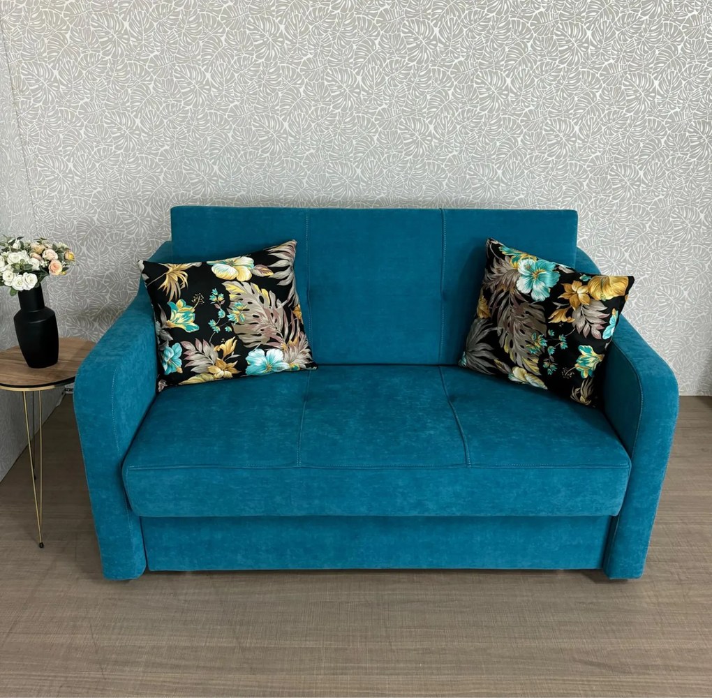 Canapea SAMY extensibila, 2 locuri, cu lada de depozitare, albastru, cadru metalic , 152x100x92 Albastru, Stofa