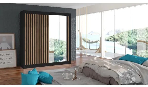 Dulap SANTINO cu oglindă, 203 x 215 cm, negru/stejar craft