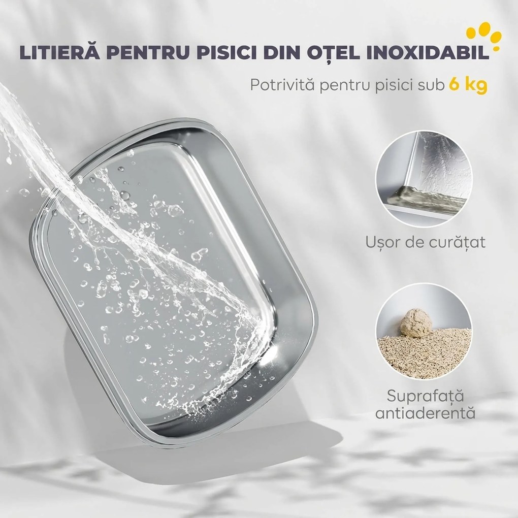 PawHut Litieră Închisă pentru Pisici din Oțel Inoxidabil, cu Capac Rabatabil, Acces Dublu și Paletă, Gri Deschis | Aosom Romania