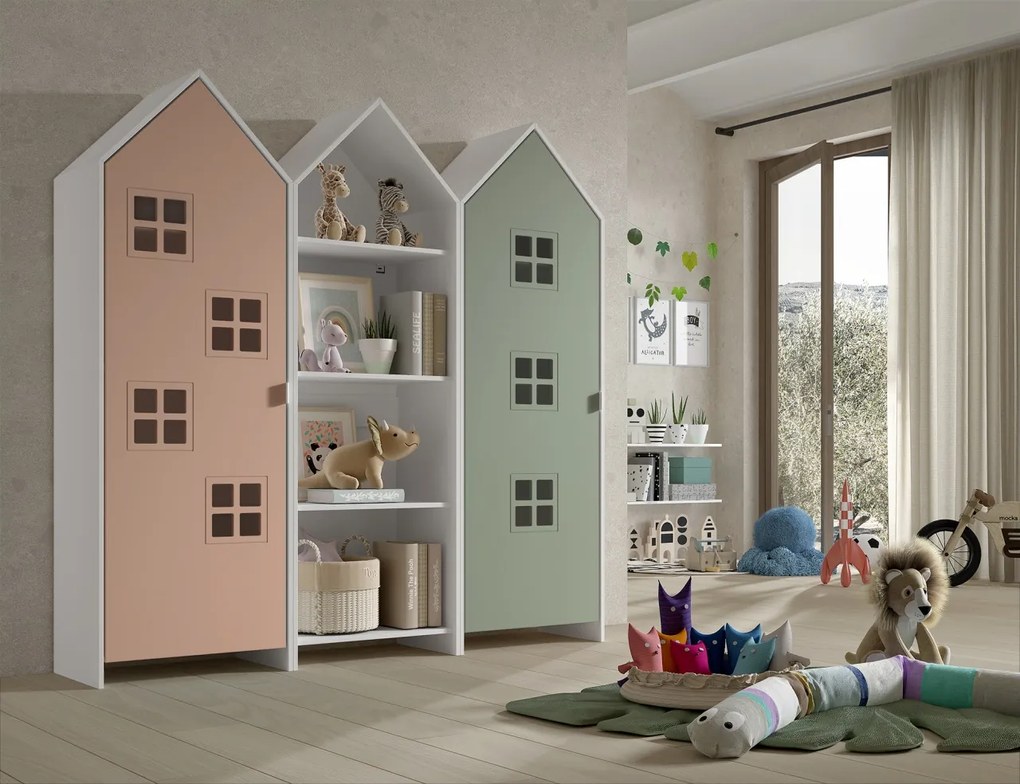 Set 3 dulapuri pentru copii Casami tip colibă de plajă – 1 deschis, 1 cu ușă Roz Confortabil și 1 cu ușă Verde Intens – Vipack