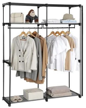 Dulap textil de depozitare MATIS 140x174 cm, cu rafturi și bară pentru haine, negru