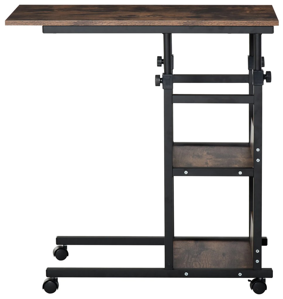 HOMCOM Masă auxiliară Masă laterală Masă rulantă Masă de Pat pentru Laptop Înălțime reglabilă - 2 rafturi integrate - cadru metalic Maro | Aosom Romania