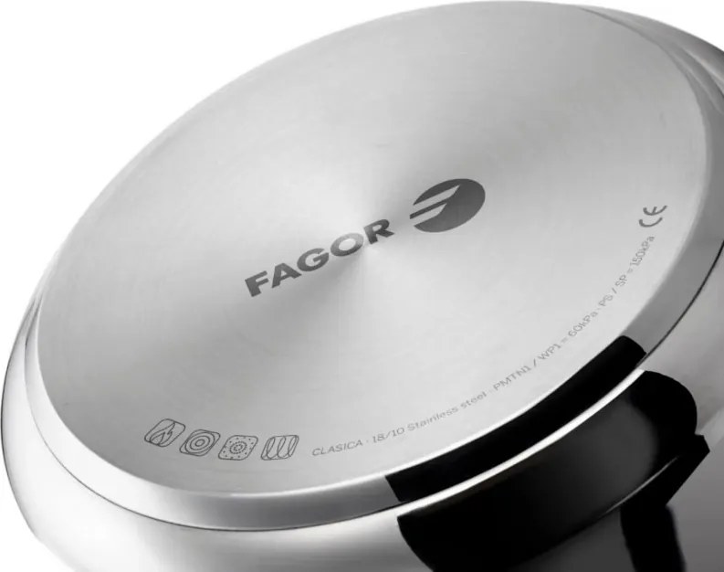Oală sub presiune Fagor Clasica 8 L, 55 kPa, 24 cm, supapă de siguranță, 3 sisteme de protecție, oțel inoxidabil 18/10, compatibilă cu plitele cu inducție, argintie