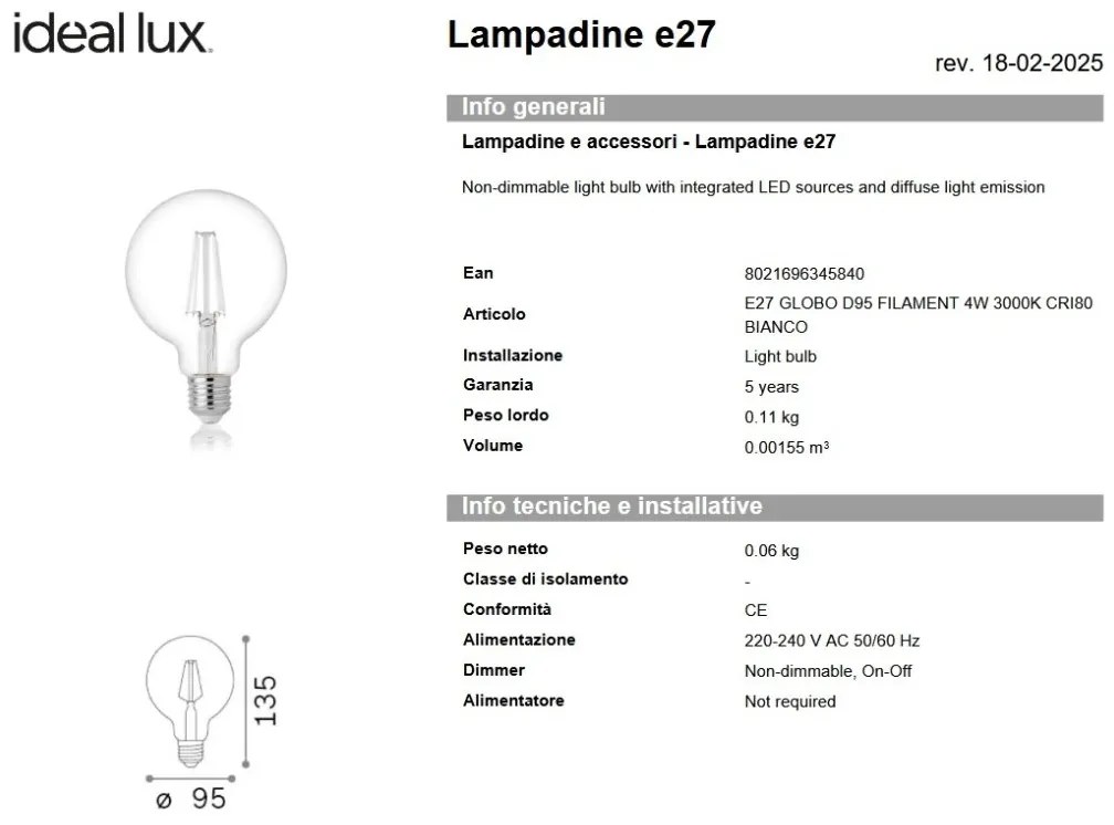 Bec LED, E27 E27 globo d95 filament 4w 3000k cri80