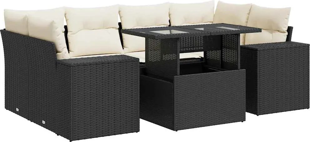 vidaXL Set canapele de grădină cu perne, 7 piese, negru, poliratan